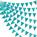 Teal Aqua Blue Triangle Pennant Banner Turquoise Metallic Fabric Flag Bunting Garland for Birthday Bridal Shower Graduation Wedding Holiday Retirement Under The Sea Mermaid Party Decorations Supplies