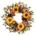 Pinkpum 20" Fall Wreath Front Door Pumpkin Sunflower Pine Cones Wall Decor