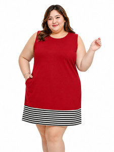 pinkshell Solid Striped Women Round Neck Maroon