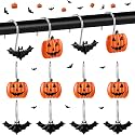Pinkunn 12 Pcs Halloween Shower Curtain Hooks, Decorative Pumpkin Bat Shower Curtain Rings, Resin Metal Bathroom Hooks for Halloween Bathroom Decor