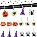Pinkunn 12 Pcs Halloween Shower Curtain Hooks, Decorative Pumpkin, Horror Eyeballs, Witch's Hat, Black Spider Shower Curtain Rings, Resin Metal Bathroom Hooks for Halloween Bathroom Decor