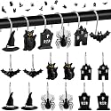 Pinkunn 12 Pcs Halloween Shower Curtain Hooks, Decorative Spider Black Cat Grave Haunted House Wizard Hat Bat Shower Curtain Rings Resin Metal Bathroom Hooks for Halloween Bathroom Decor