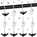 Pinkunn 12 Pcs Halloween Shower Curtain Hooks, Decorative Ghosts Bats Shower Curtain Rings, Resin Metal Bathroom Hooks for Halloween Bathroom Decor