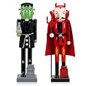 Pinkunn 2 Pcs 15'' Halloween Wooden Nutcracker, Green Monster Red Devil