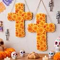 Pinkunn 2 Pcs Day of The Dead Mexican Cross Decor Wooden Marigold Wall