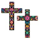 Pinkunn 2 Pcs Mexican Floral Cross Wall Decoration Day of The Dead Wall Art
