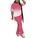 PINSV Women 2 Piece Outfits Short Sleeve Top and Flare Pants Lounge Sets Tracksuit