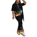 PINSV Women 2 Piece Outfits Short Sleeve Top and Flare Pants Lounge Sets Tracksuit