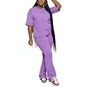 PINSV Women 2 Piece Outfits Short Sleeve Top and Flare Pants Lounge Sets Tracksuit