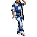 PINSV Women 2 Piece Outfits Short Sleeve Top and Flare Pants Lounge Sets Tracksuit