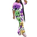 PINSV Women 2 Piece Outfits Short Sleeve Top and Flare Pants Lounge Sets Tracksuit