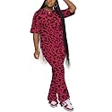 PINSV Women 2 Piece Outfits Short Sleeve Top and Flare Pants Lounge Sets Tracksuit