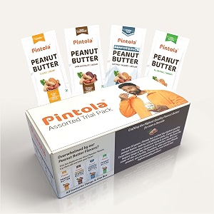 pintola assorted trial pack of 4 peanut butter 72g  dark chocolate coconut jaggery classic and 100 natural peanut butter  high in protein fibre  4 x 18g sachet
