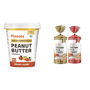 pintola combo - high protein organic jaggery peanut butter crunchy 1kg  rice cakes unsalted amp multigrain pack of 2 130g x 2 100 roasted peanuts butter high in protein with organic rice cakes