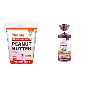 pintola combo - performance series american recipe peanut butter creamy 1kg  rice cake multigrain salted 130g 100 roasted peanuts butter creamy high protein nut butter with organic rice cakes