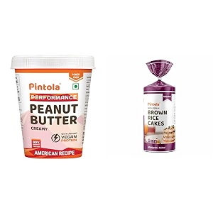 pintola combo - performance series american recipe peanut butter creamy 510 gram  rice cake multigrain salted 130 gram 100 roasted peanuts butter high protein nut butter with organic rice cakes