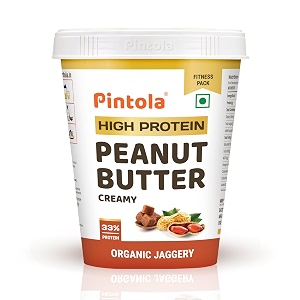 pintola high protein organic jaggery peanut butter creamy 510g with 33g protein amp 7g fiber whey protein peanut butter gluten free zero added salt cholesterol free 100 roasted peanuts