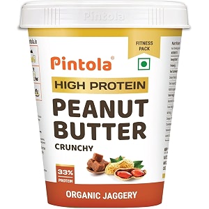pintola high protein organic jaggery peanut butter crunchy 1kg with 33g protein amp 7g fiber whey protein peanut butter gluten free zero added salt cholesterol free 100 roasted peanuts