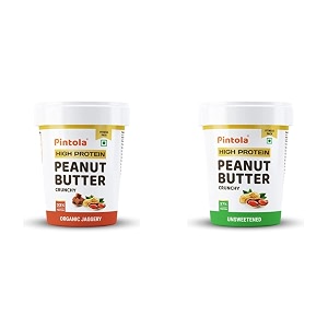 pintola high protein peanut butter organic jaggery crunchy 1kg amp high protein all natural peanut butter  unsweetened  37 protein  imported whey protein and roasted peanuts crunchy 510g