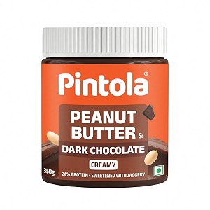 pintola peanut butter chocolate flavour creamy 350g - 24g protein amp 79g dietary fiber made with premium roasted nuts amp cocoa gluten free zero cholesterol amp trans fat vit e amp b3 dark chocolate