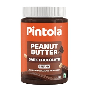 pintola peanut butter chocolate flavour creamy 1kg - 24g protein amp 79g dietary fiber made with premium roasted nuts amp cocoa gluten free zero cholesterol amp trans fat vit e amp b3 dark chocolate