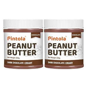 pintola peanut butter chocolate flavour creamy 350g pack of 2 - 186g protein amp 52g dietary fiber made with premium roasted nuts amp cocoa gluten free zero cholesterol amp trans fat dark chocolate