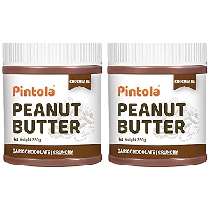 pintola peanut butter chocolate flavour crunchy 350g - 186g protein amp 52g dietary fiber made with premium roasted nuts amp cocoa gluten free zero cholesterol amp trans fat vit e amp b3 dark chocolate