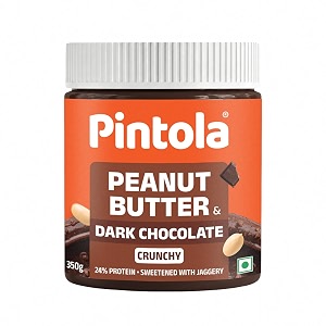 pintola peanut butter chocolate flavour crunchy 350g - 186g protein amp 52g dietary fiber made with premium roasted nuts amp cocoa gluten free zero cholesterol amp trans fat vit e amp b3 dark chocolate