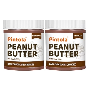 pintola peanut butter chocolate flavour crunchy 350g pack of 2 - 186g protein amp 52g dietary fiber made with premium roasted nuts amp cocoa gluten free zero cholesterol amp trans fat dark chocolate