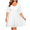 Pinup Fashion Plus Size Summer Babydoll Tiered Casual V-Neck Short Dress