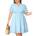 Pinup Fashion Plus Size Summer Babydoll Tiered Casual V-Neck Short Dress