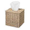 PINXIURY Seagrass Handwoven Wicker Tissue Box Cover, Natural Handmade Napkin Box Holder, Handcrafted Square Facial Tissue Holder for Bathroom, Rustic Decorative on Table and Bathroom,Boho Decorative