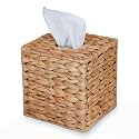 PINXIURY Water Hyacinth Handwoven Tissue Box Cover, Natural Handmade Wicker Napkin Box Holder, Handcrafted Square Facial Tissue, Rustic Decorative on Table and Bathroom, Office, Boho Decorative
