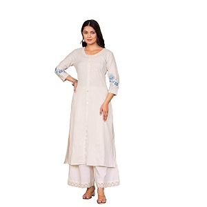 Pistaas Women Cotton Elegant Off-White Floral Embroidered