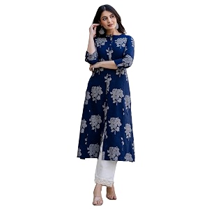 Pistaas Women Printed Mandarin A-Line Cotton Kurta