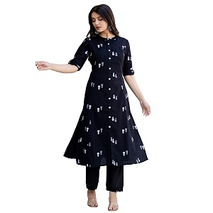 Pistaas Women Printed Mandarin A-Line Cotton Kurta