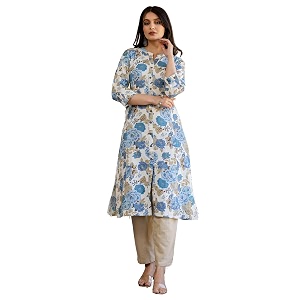 Pistaas Women Printed Mandarin A-Line Cotton Kurta