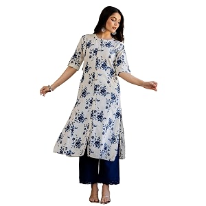 Pistaas Women Printed Mandarin A-Line Cotton Kurta