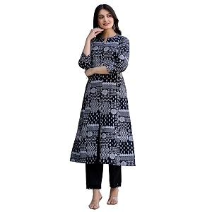 Pistaas Women Printed Mandarin A-Line Cotton Kurta