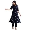 Pistaa39s Women Printed Mandarin A-Line Cotton Kurta