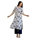 Pistaa39s Women Printed Mandarin A-Line Cotton Kurta
