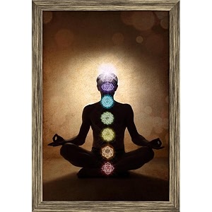 pitaara box man in lotus pose with chakra symbols  canvas painting for bedroom amp living room  antique golden frame  14 x 205 inch 36 x 52 cms