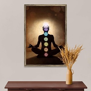 pitaara box man in lotus pose with chakra symbols  canvas painting for bedroom amp living room  antique golden frame  18 x 265 inch 46 x 67 cms