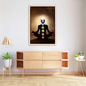 pitaara box man in lotus pose with chakra symbols  canvas painting for bedroom amp living room  natural brown frame  18 x 265 inch 46 x 67 cms