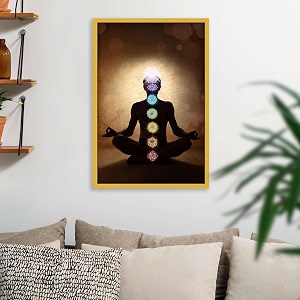 pitaara box man in lotus pose with chakra symbols  canvas painting for bedroom amp living room  golden frame  18 x 265 inch 46 x 67 cms