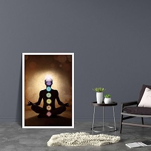pitaara box man in lotus pose with chakra symbols  canvas painting for bedroom amp living room  white frame  18 x 265 inch 46 x 67 cms