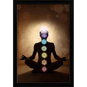 pitaara box man in lotus pose with chakra symbols  canvas painting for bedroom amp living room  black frame  12 x 175 inch 30 x 44 cms