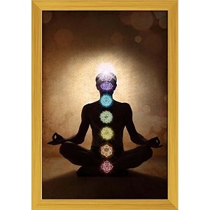 pitaara box man in lotus pose with chakra symbols  canvas painting for bedroom amp living room  golden frame  12 x 175 inch 30 x 44 cms