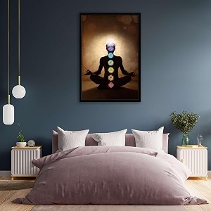 pitaara box man in lotus pose with chakra symbols  canvas painting for bedroom amp living room  black frame  18 x 265 inch 46 x 67 cms
