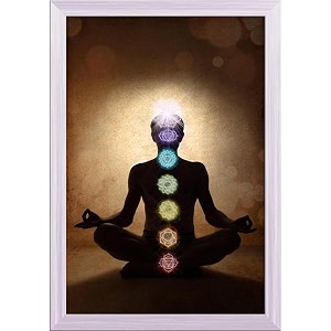 pitaara box man in lotus pose with chakra symbols  canvas painting for bedroom amp living room  white frame  12 x 175 inch 30 x 44 cms